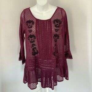 Free People Burgundy Swiss Dot Embroidered Jocelyn Tunic Sz. M